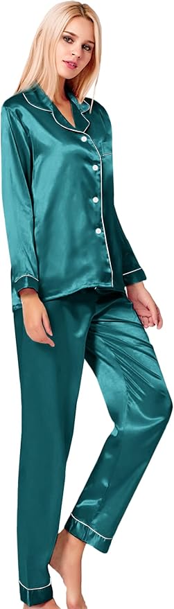SWOMOG Womens Silk Satin Pajamas Set Long Sleeve Button Down Sleepwear 2 Piece Lounge Set Pj Set XS-3XL