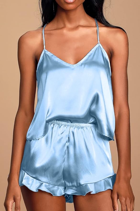 CHYRII Women's Sexy Silk Satin Ruffled Pajamas Sets Cami Shorts Sets Sleepwear