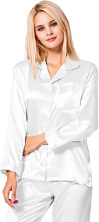 SWOMOG Long Sleeve Pajamas Set Silk Satin Sleepwear Button Down Pjs Loungewear with Pocket