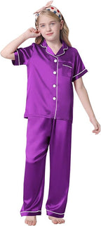 Umeyda Girls Womens Pajamas Set, Satin Silky Button Down Loungewear 2 Piece Short Sleeve Pants PJS Sets for Mommy Kids