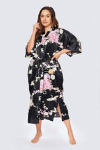 KIM+ONO Plus Size Luxury Kimono Robe for Women | Long Satin Floral Robe | Original Design | Removable Waist Tie Closure