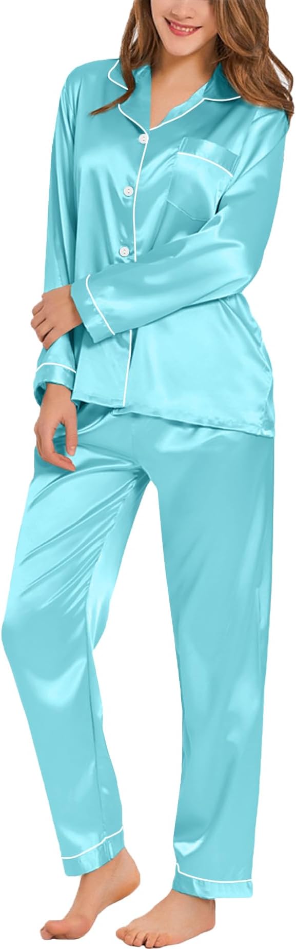 SWOMOG Womens Silk Satin Pajamas Set Long Sleeve Button Down Sleepwear 2 Piece Lounge Set Pj Set XS-3XL