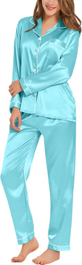 SWOMOG Womens Silk Satin Pajamas Set Long Sleeve Button Down Sleepwear 2 Piece Lounge Set Pj Set XS-3XL