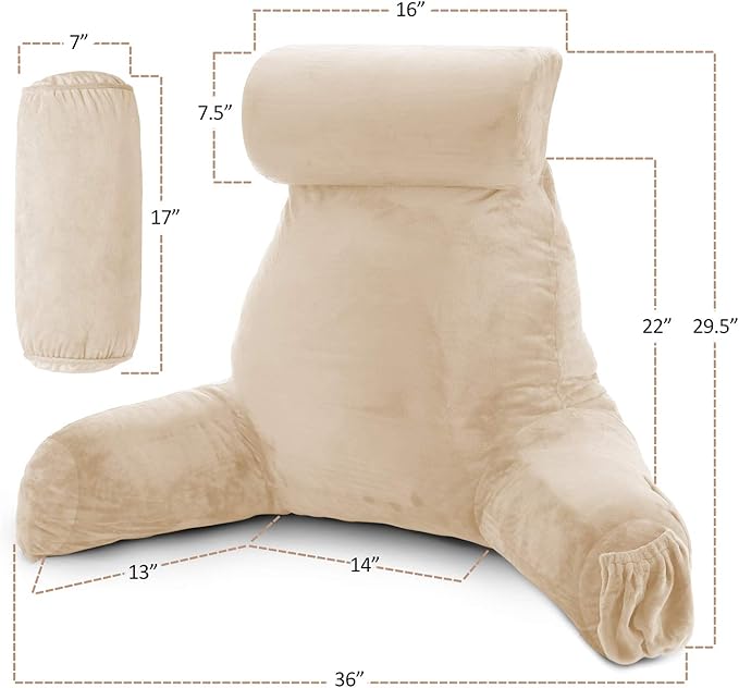 Clara Clark Reading Pillow with Shredded Memory Foam Includes 2 Neck and Lumber Support Pillows, Designed for Sitting Up in Bed and Couch, Back and Arms Adjustable Support for Adults Beige Cream