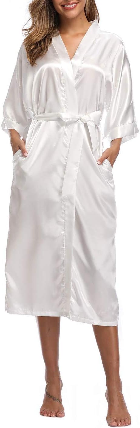 Women's Silk Robes Soft Long Satin Kimono Bathrobe Bride Bridesmaid Wedding Party Robes Sexy Sleepwear with Pockets