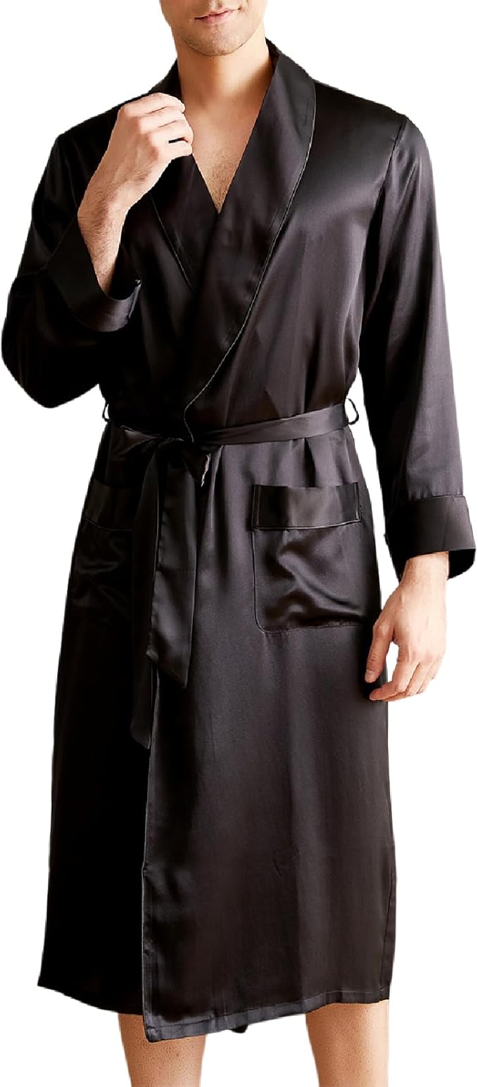 THXSILK Men’s Silk Robe Long Bathrobes, Luxury Lightweight Sleepwear, Two Pockets, Pure Mulberry Silk loungewear