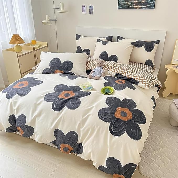 CLOTHKNOW Black Sunflower California King Comforter Set 3Pcs Floral Bedding Comforter Sets Brown Grid Comforter Boho Comforter Sets Cal King