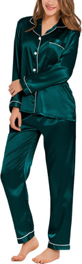 SWOMOG Womens Silk Satin Pajamas Set Long Sleeve Button Down Sleepwear 2 Piece Lounge Set Pj Set XS-3XL
