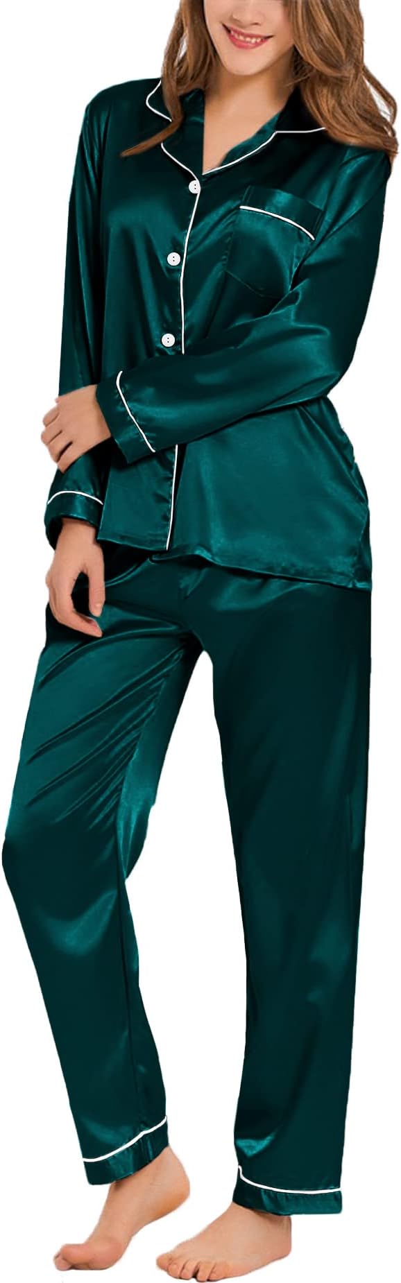 SWOMOG Womens Silk Satin Pajamas Set Long Sleeve Button Down Sleepwear 2 Piece Lounge Set Pj Set XS-3XL