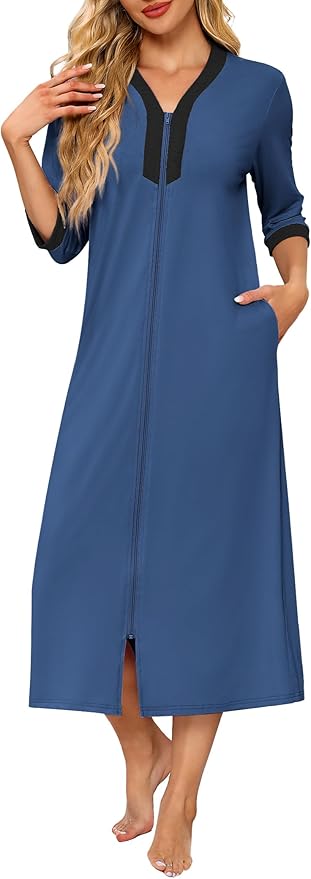 Ekouaer Women's Zipper Robe 3/4 Sleeves Housecoat Full Length Nightgown Soft Loungewear Robe with Pockets S-3XL