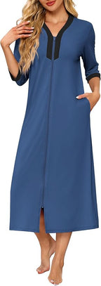 Ekouaer Women's Zipper Robe 3/4 Sleeves Housecoat Full Length Nightgown Soft Loungewear Robe with Pockets S-3XL