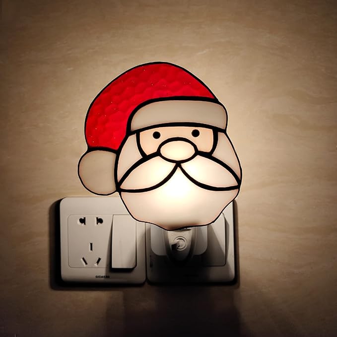 CHEZBABY Stained Glass Night Light Plug into Wall Lamp Decorative Accent Nightlight for Hallway Bedroom Bathroom Kitchen Home Décor(Christmas Santa)