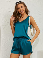 MOYEE Women Silk Pajama Set Soft Satin V Neck Tank Top and Shorts 2 Piece lounge Sets with Pockets