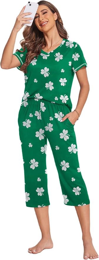 Ekouaer Women's Sleepwear Capri Pajama Sets Short Sleeve Two-Piece Pjs V Neck Tops & Capri Pants with Pockets S-3XL
