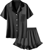Umeyda Girls & Women Satin Pajamas Set Button Down 2 Piece Silk Pjs Shorts Set Ruffle Sleepwear, 5 Years-Women L