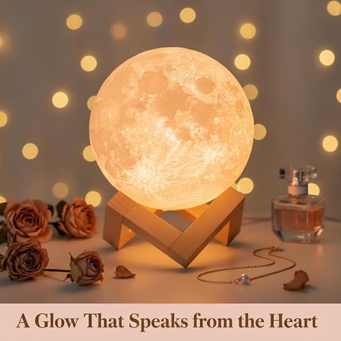 Mydethun Moon Lamp 3D Night Light - Valentine Gifts for Women, Mom & Kids, 5.9' Table Decor w/Wooden Base, Proposal Decororation w/Touch-Dimmable & USB Rechargeable, Dual-Color White/Warm Yellow