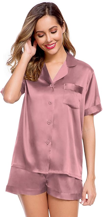 LecGee Womens Silk Satin Pajamas Short Sleeve Loungewear Two-Piece Sleepwear Button-Down Pj Set