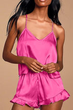 CHYRII Women's Sexy Silk Satin Ruffled Pajamas Sets Cami Shorts Sets Sleepwear