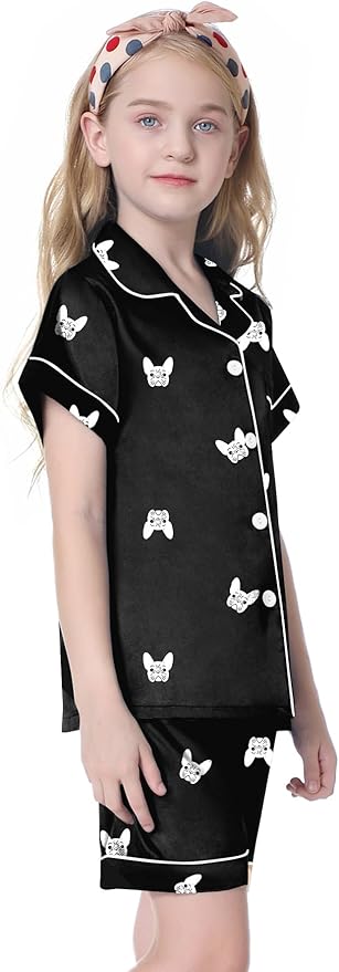 Umeyda Women & Girls Pajamas Set, Soft Satin Lightweight Silk Button-Down Top with Shorts 2 Piece PJS for Mom Boys Kids Gifts