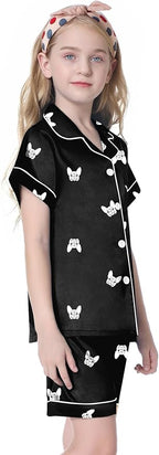 Umeyda Women & Girls Pajamas Set, Soft Satin Lightweight Silk Button-Down Top with Shorts 2 Piece PJS for Mom Boys Kids Gifts