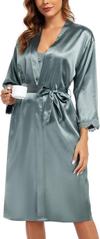 BestWendding Women's Silk Robe Set 2 Pieces Pajamas Sets Sexy Soft Satin Robe with V Neck Camisole Lingerie Nightgown