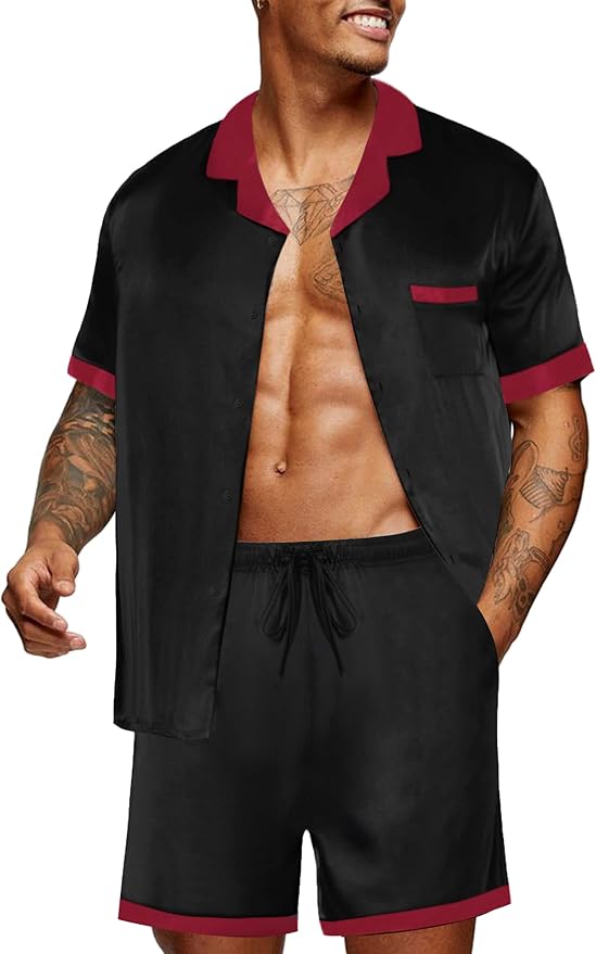 Ekouaer Men Satin Silk Pajamas Set with Pockets Sleepwear Shorts Satin Summer Loungewear 2 Piece Button Down Set S-3XL