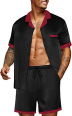 Ekouaer Men Satin Silk Pajamas Set with Pockets Sleepwear Shorts Satin Summer Loungewear 2 Piece Button Down Set S-3XL