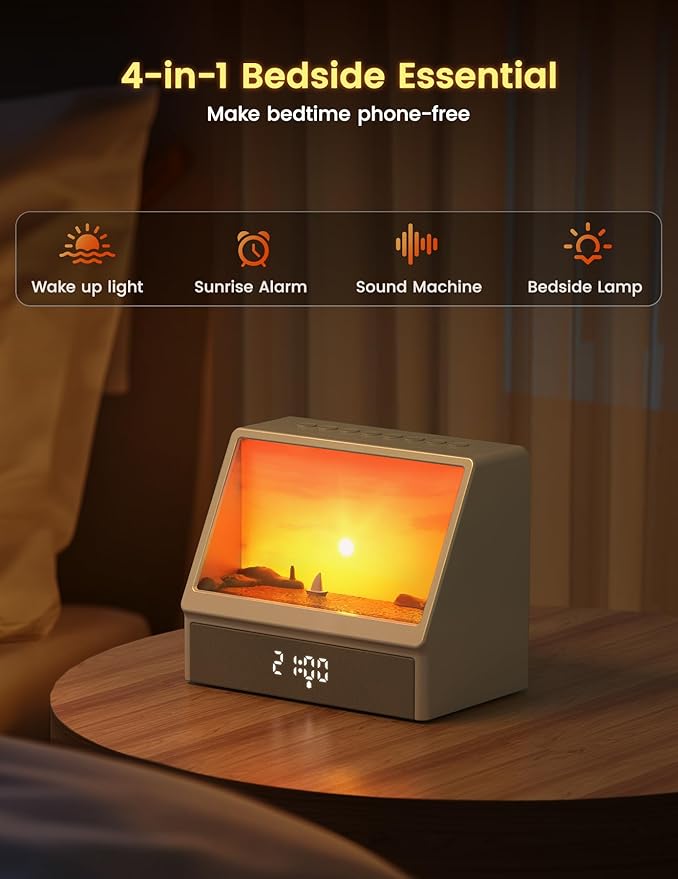 Sunrise Alarm Clock for Heavy Sleepers with White Noise Machine, Wake Up Light with Sunrise & Sunset Simulation, Bluetooth Speaker, Dimming Night Light, Digital Alarms Clock for Adults, Kids,Bedroom