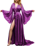 BATHGOWN Women's Satin Robe Black Silk Kimono Bride Robe for Wedding Day Lightweight Long Lace Loungewear Sleepwear