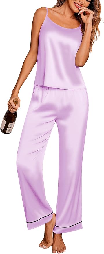 Ekouaer Women Silk Satin Pajamas Sleeveless Pjs Set 2 Piece Summer Loungewear Sleepwear with Pockets S-XXL