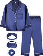 EPLAZA Kids Satin Pajamas Sets Girls Boys Button-Down Silky Pajamas Sleepwear with Hairband Eye Mask Hair Tie