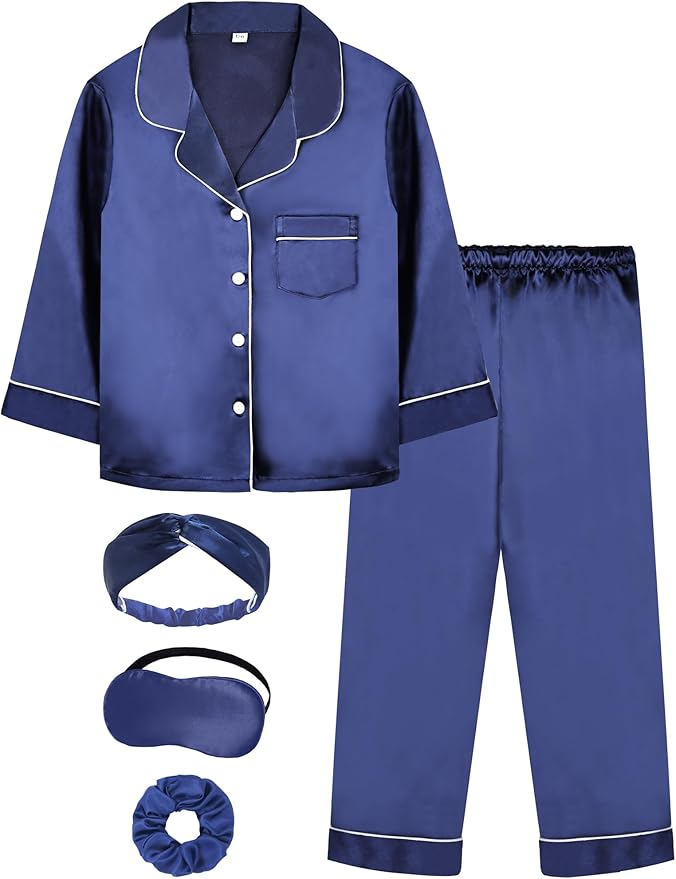 EPLAZA Kids Satin Pajamas Sets Girls Boys Button-Down Silky Pajamas Sleepwear with Hairband Eye Mask Hair Tie