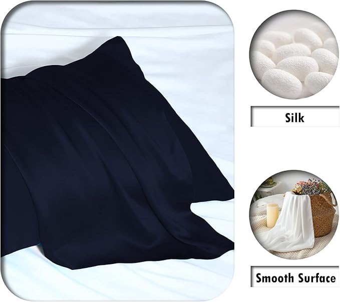 Silk Pillow Cases 2 Pack Soft Breathable and Sliky King Size Pillow Cases Set of 2,Natural Mulberry Silk Pillowcase Set of 2 for Hair and Skin with Hidden Zipper (Navy Blue,20"X 36",2pcs)