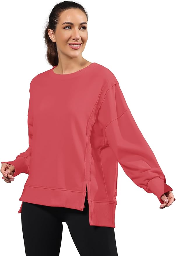 Nirovien Womens Oversized Crewneck Sweatshirt Side Slit Long Sleeve Pullover Slouchy Fit Tops