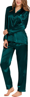 SWOMOG Long Sleeve Pajamas Set Silk Satin Sleepwear Button Down Pjs Loungewear with Pocket