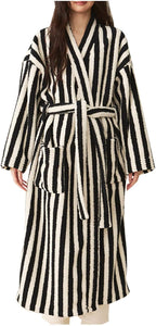 Oplxuo Women's Fuzzy Fleece Robe Long Striped Plush Bathrobe Warm Thick Fluffy Oversized Loungewear Maxi Robes with Pockets