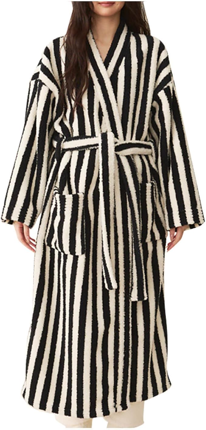 Oplxuo Women's Fuzzy Fleece Robe Long Striped Plush Bathrobe Warm Thick Fluffy Oversized Loungewear Maxi Robes with Pockets