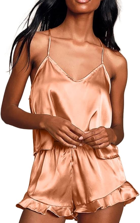 CHYRII Women's Sexy Silk Satin Ruffled Pajamas Sets Cami Shorts Sets Sleepwear