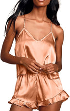 CHYRII Women's Sexy Silk Satin Ruffled Pajamas Sets Cami Shorts Sets Sleepwear