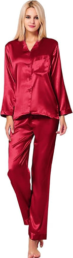 SWOMOG Long Sleeve Pajamas Set Silk Satin Sleepwear Button Down Pjs Loungewear with Pocket