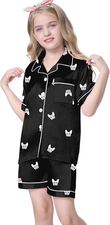 Umeyda Women & Girls Pajamas Set, Soft Satin Lightweight Silk Button-Down Top with Shorts 2 Piece PJS for Mom Boys Kids Gifts