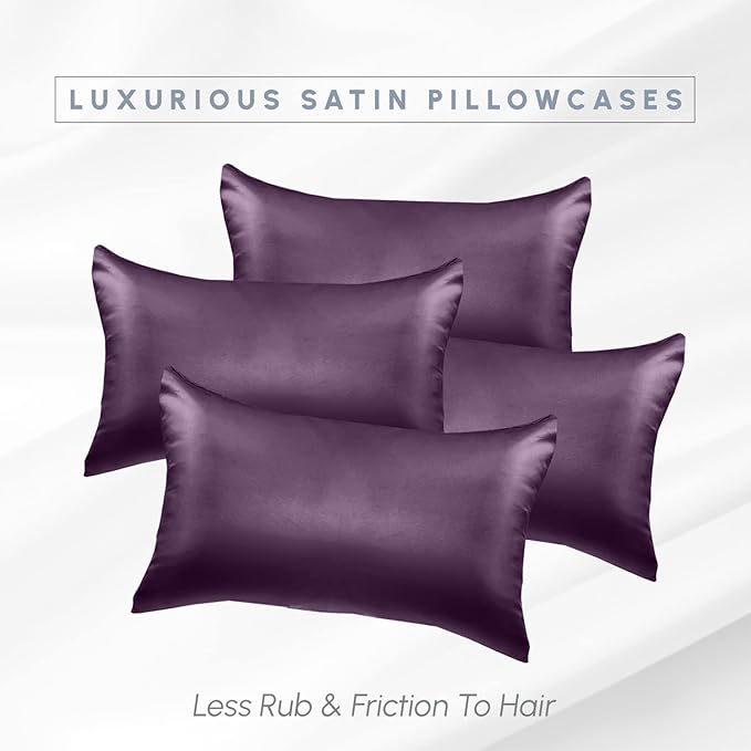 Elegant Comfort 4-PACK Purple Satin Pillowcase Set with Hidden Zipper closure, Silky Smooth for Best Hair and Skin Care - Standard/Queen