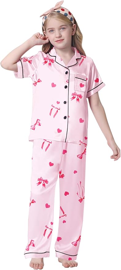 Umeyda Girls Womens Pajamas Set, Satin Silky Button Down Loungewear 2 Piece Short Sleeve Pants PJS Sets for Mommy Kids