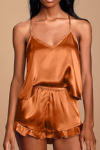 CHYRII Women's Sexy Silk Satin Ruffled Pajamas Sets Cami Shorts Sets Sleepwear