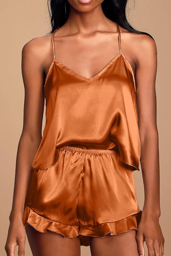 CHYRII Women's Sexy Silk Satin Ruffled Pajamas Sets Cami Shorts Sets Sleepwear
