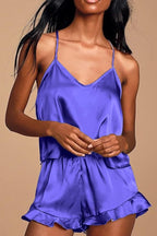CHYRII Women's Sexy Silk Satin Ruffled Pajamas Sets Cami Shorts Sets Sleepwear