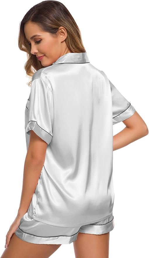 SWOMOG Womens Silk Satin Pajamas Set Short Sleeve Sleepwear Button Down Top and Shorts Loungewear 2 Piece Pjs Set XS-3XL
