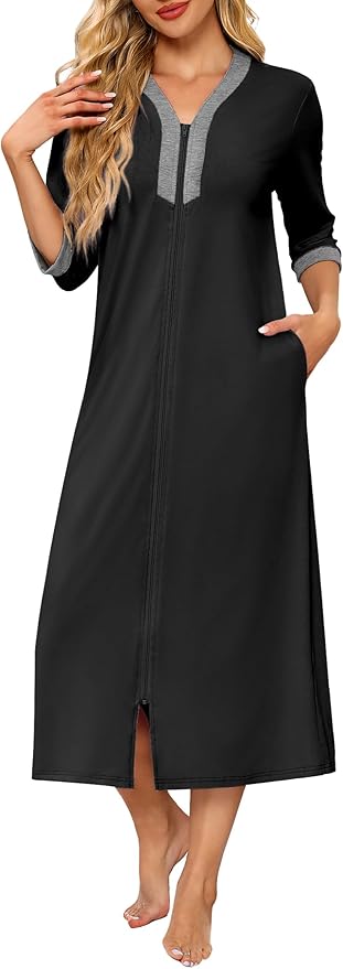 Ekouaer Women's Zipper Robe 3/4 Sleeves Housecoat Full Length Nightgown Soft Loungewear Robe with Pockets S-3XL