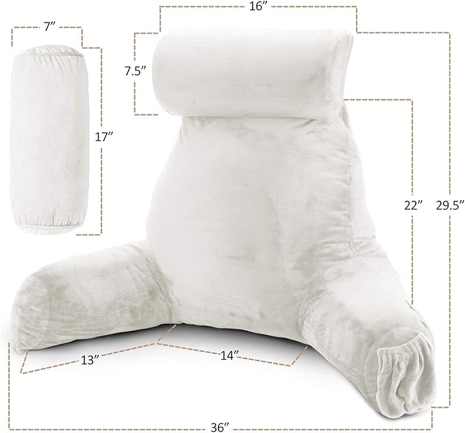Clara Clark Reading Pillow with Shredded Memory Foam Includes 2 Neck and Lumber Support Pillows, Designed for Sitting Up in Bed and Couch, Back and Arms Adjustable Support for Adults & Teens, White