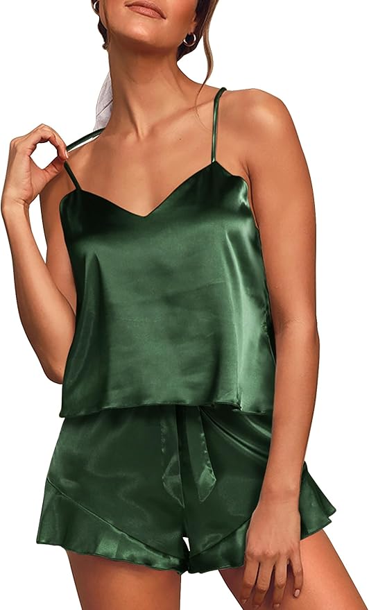 Aamikast Womens Silk Satin Pajama Sets Sexy Cami Ruffled Shorts Sets 2 Piece Pjs Sleepwear